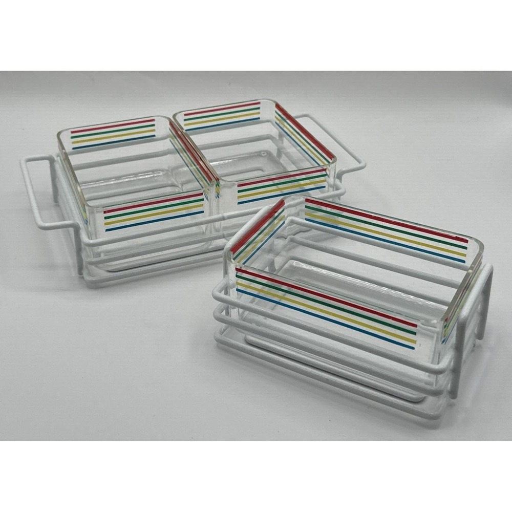 Vintage 80s Case Buffet Ware Acrylic Serving Trays‎ Striped Color Napkins Set